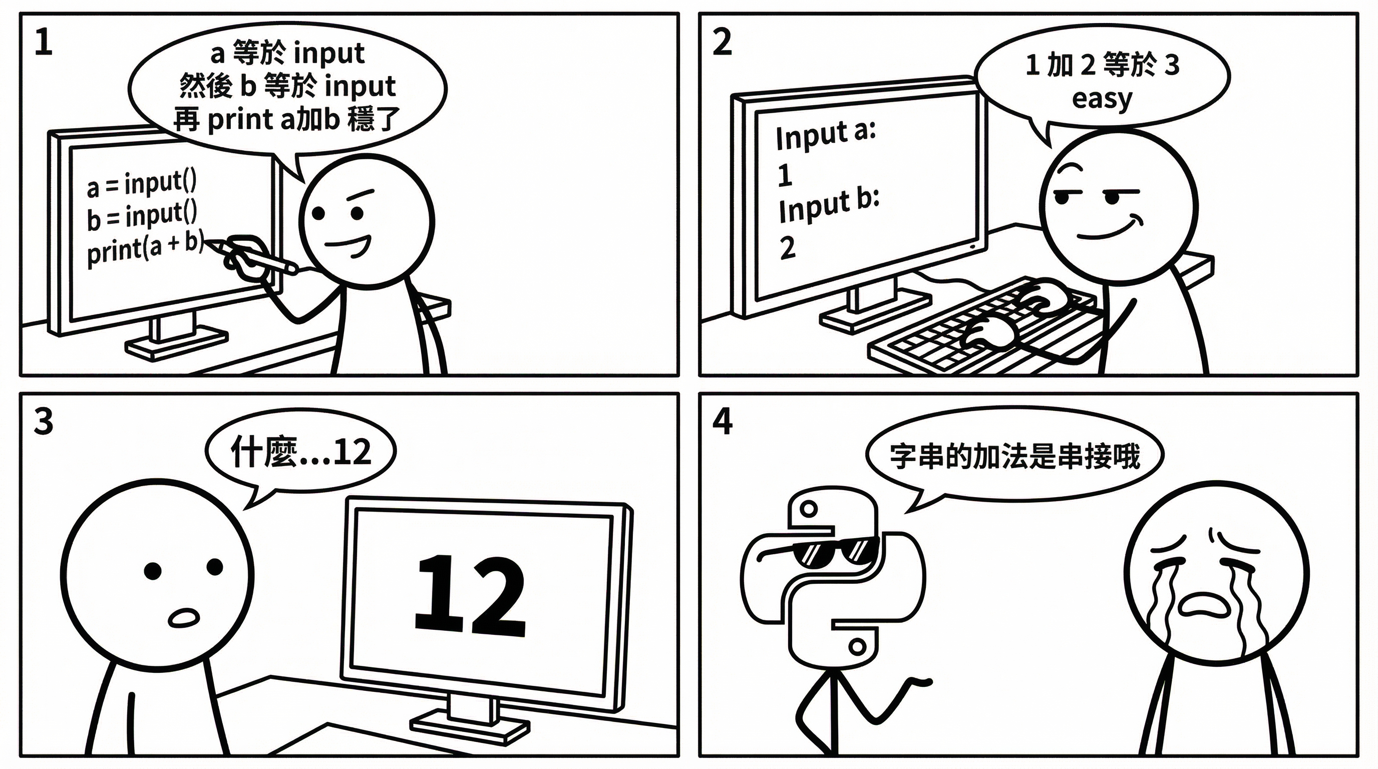 📷 圖 7:學生發現 1+2 等於 12 的驚愕四格漫畫(AI 製圖)