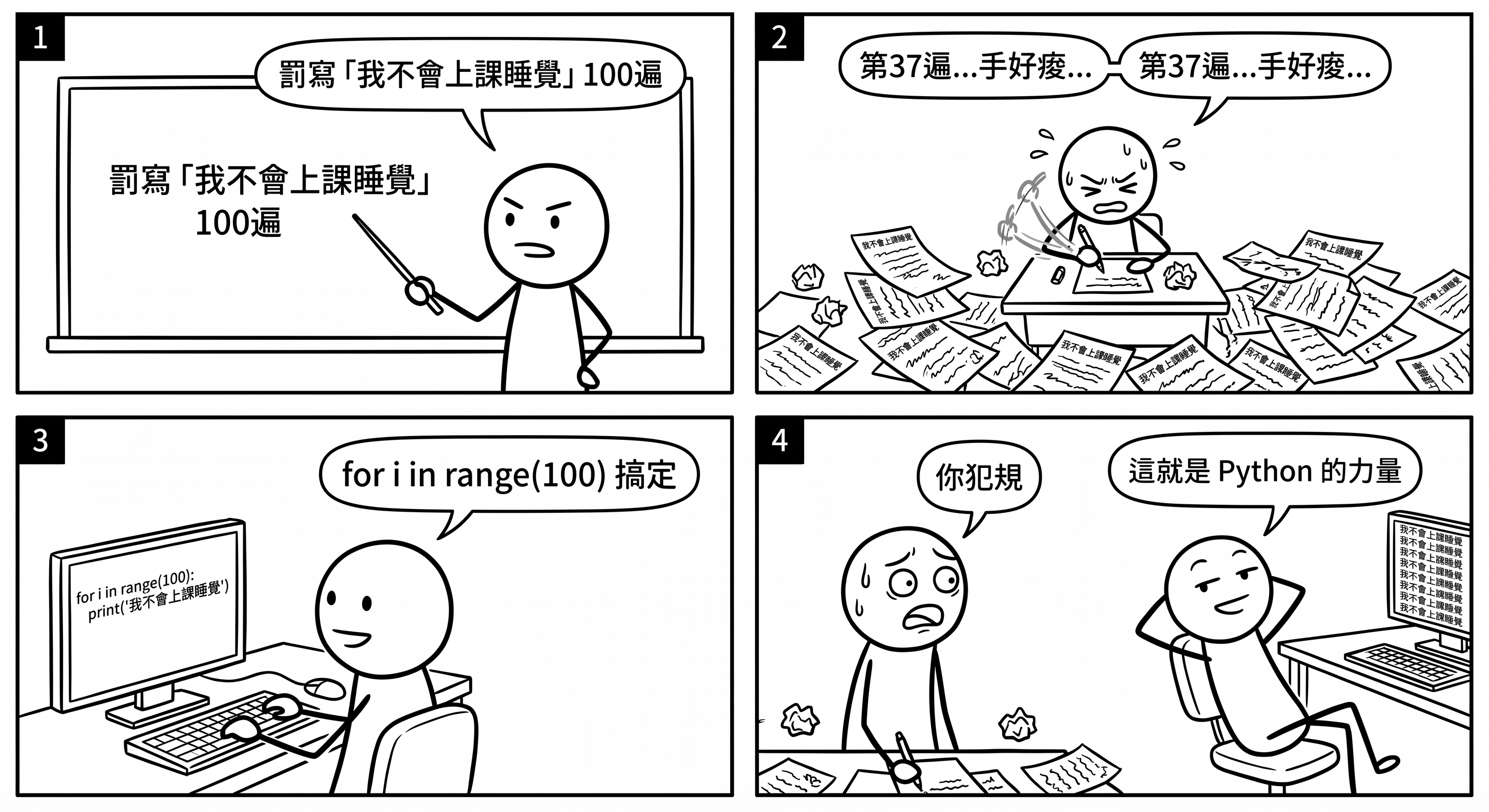 📷 圖 1：學生罰寫 100 遍對比電腦 for loop 秒殺的四格漫畫（AI 製圖）