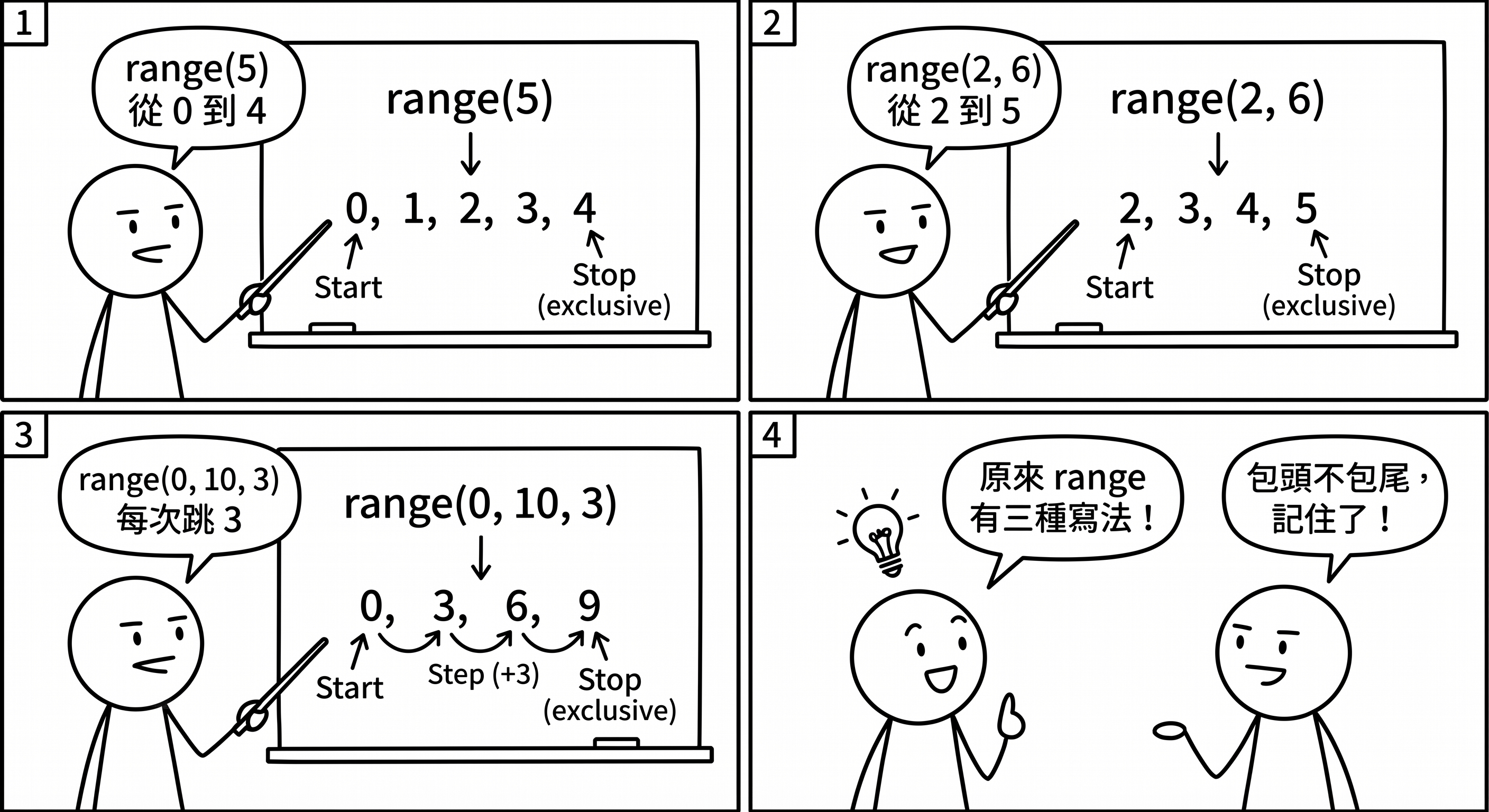 📷 圖 3：range 三種用法對比圖（AI 製圖）