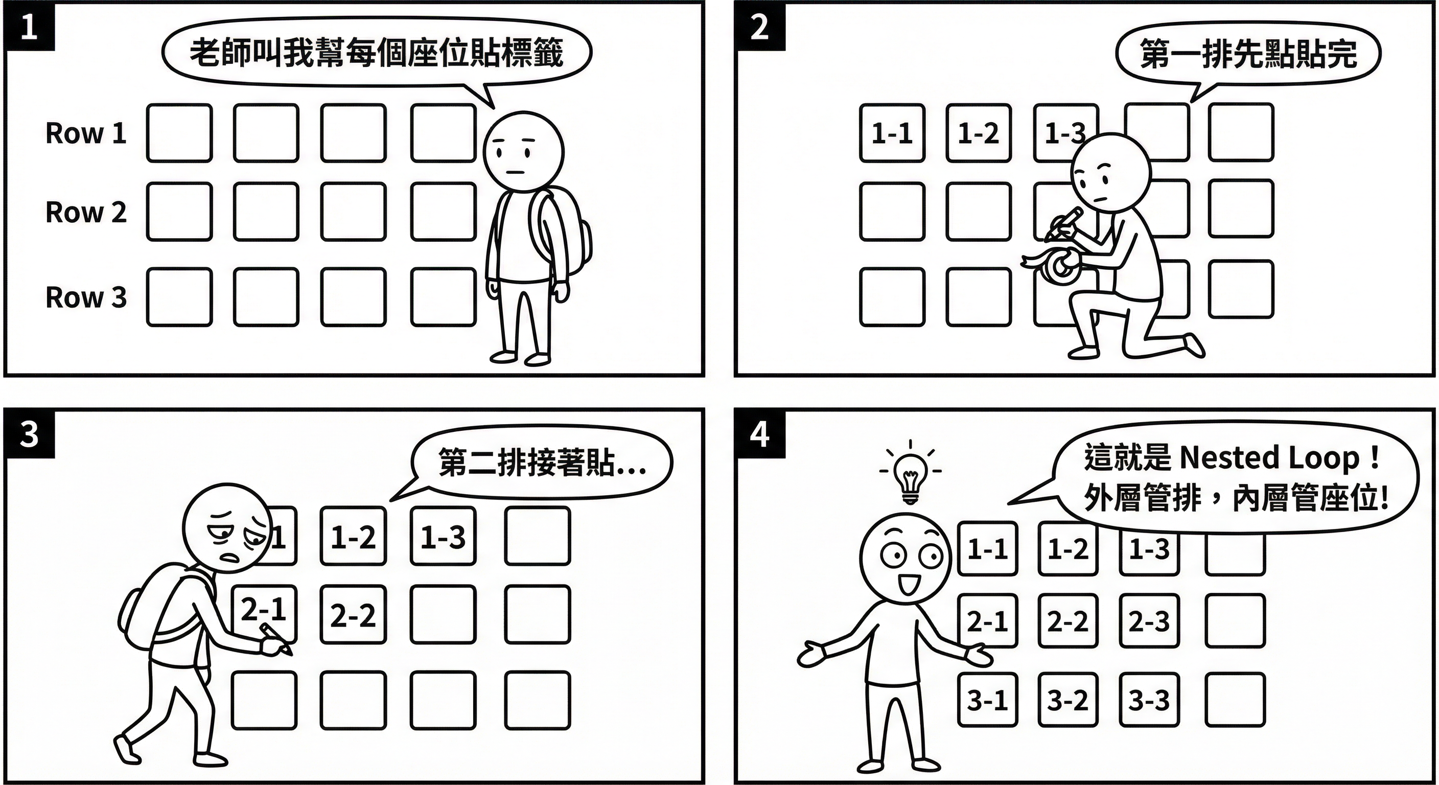 📷 圖 9：學生要在教室每排每個座位貼標籤的四格漫畫（AI 製圖）