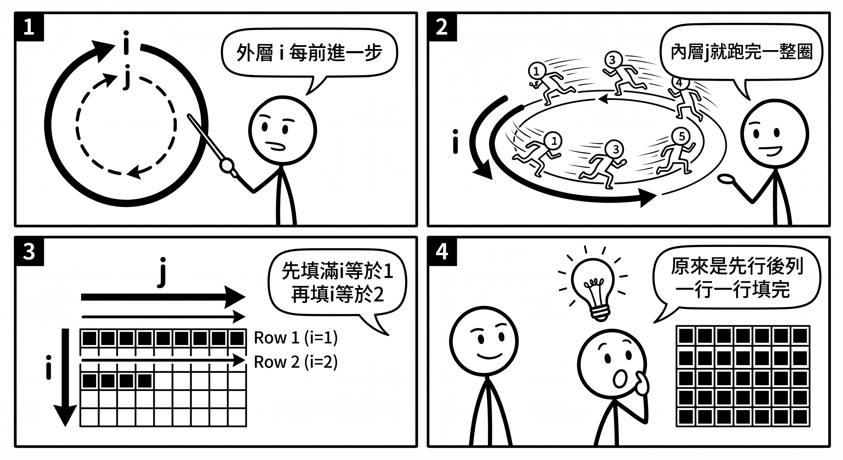 📷 圖 10：巢狀迴圈執行流程示意圖，外層控制行、內層控制列（AI 製圖）